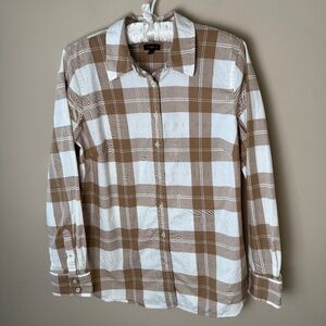 Talbots White Tan Plaid Button Down Shirt Womens Medium Metallic Top Blouse